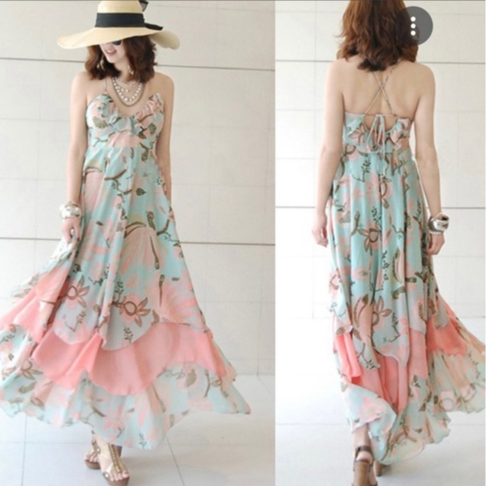 Gisele Bundchen for H&M Coral/Blue Peacock/Tiered/Ruffled Boho Maxi Dress 10